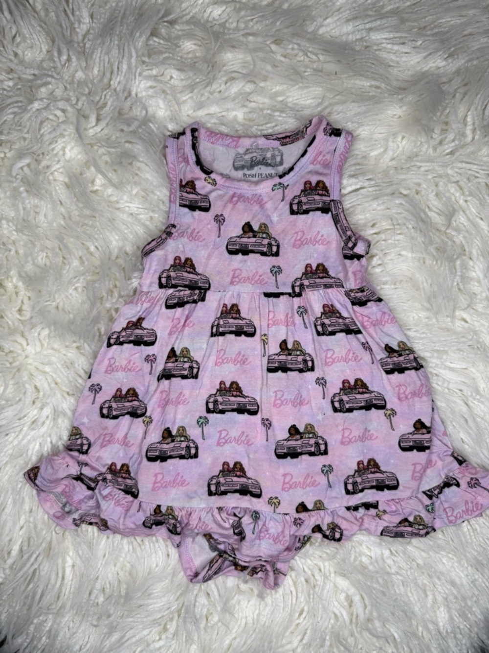 Posh Peanut Barbie Malibu Pink Sleeveless Baby Girl Dress with Car Print 2T